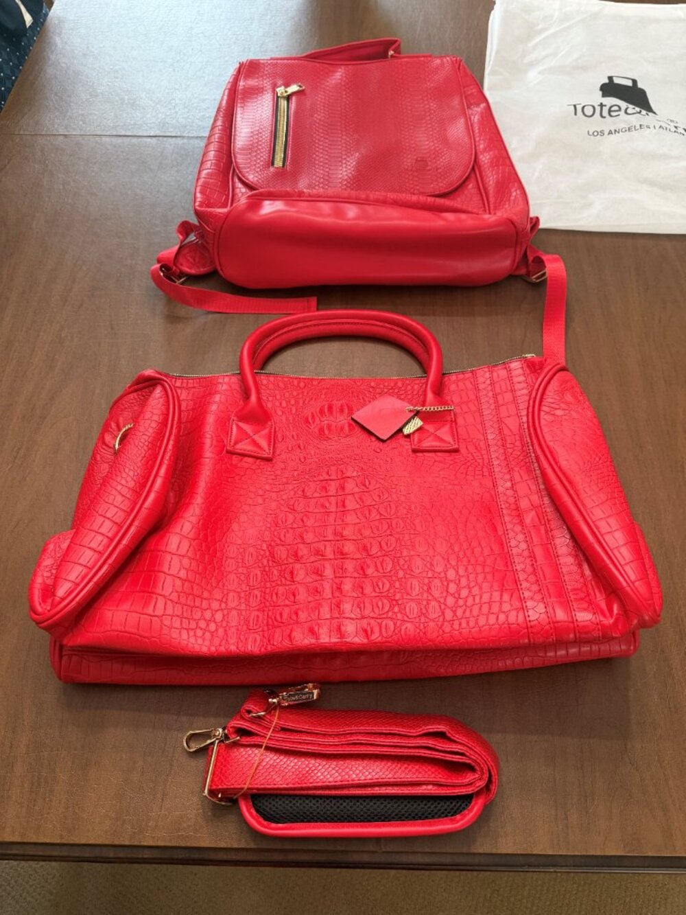Tote&Carry Statement Weekender Travel Set Red Duffle + Backpack NWT Croc Vegan